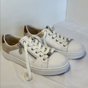 Rieker White Leather womans Sneakers with Tan Heel Accent